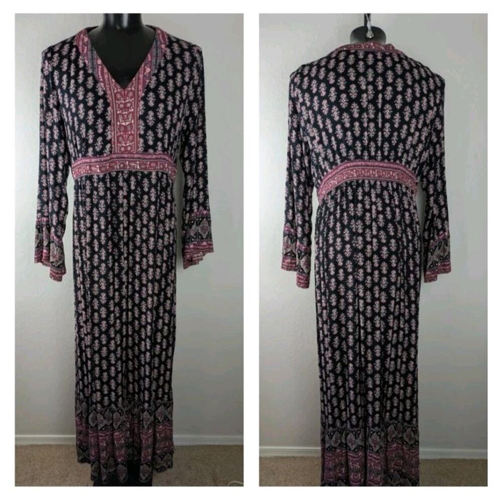 Knox Rose Boho Peasant Long Sleeve Maxi Dress Black Burgundy Floral